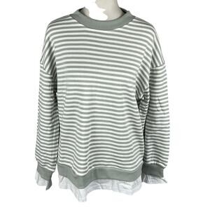 Cali Be Long Sleeve CrewNeck Sweatshirt Grey Stripe Built in Blouse Size L Fall